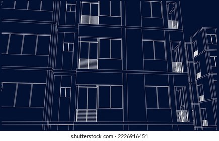 Apartment building balconies perspective 3D Line drawing illustration eps10 blueprint