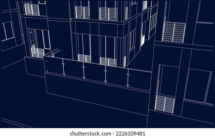 Apartment building balcony perspective 3D Line drawing illustration vector blueprint
