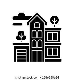 Apartment building black glyph icon. Condominium structure. Residential property. Condo in neighborhood. Tall house with garage. Silhouette symbol on white space. Vector isolated illustration