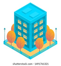 Apartment building of blue color with several floors. Flat roof. Near autumn yellow trees and street lamps. Around a square fence. Vector isometric illustration with isolated background.