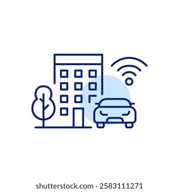 Apartment building, car, tree and wifi symbol. Smart residential complex, connected living in a city. Pixel perfect, editable stroke icon