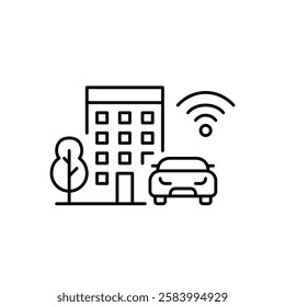 Apartment building, car, tree and wifi symbol. Smart residential complex, connected living in a city. Pixel perfect, editable stroke icon