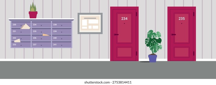 Apartment building corridor with numbered doors, with mailbox and letters, framed notice board, and indoor plants. Modern residential hallway interior in pastel colors. Flat vector illustration
