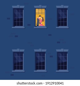 Apartment building with couple are kissing. vector illustration.