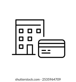 Edificio de apartamentos y tarjeta de crédito. Asistencia financiera para los propietarios. Pagos de hipotecas y alquileres. Icono de trazo perfecto y editable del píxel