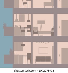 Apartment building in cut. Modern  interior.Vector illustration