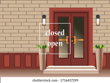 Apartment building with door, front with doorstep and steps porch, window, flower pot, lamp. Exterior entrance with doors house, brick wall. Vector illustration design background Closed doors concept
