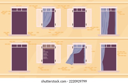 Edificio de apartamentos con balcones vacíos y ventanas con cortinas y persianas. Casas sin nadie dentro, salones en blanco y silos. Vector de dibujos animados planos
