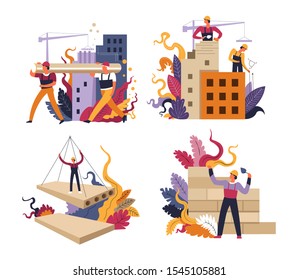 Apartment building engineering and construction isolated icons vector. Builders and engineers, log and industrial crane, concrete sheets and brick wall. Urban dwelling architecture, men in hardhats