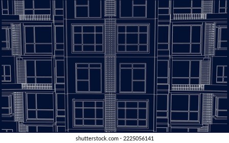 Apartment building façade exterior 2D Line drawing sketch illustration eps10 blueprint