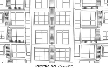 Apartment building façade exterior 2D Line drawing sketch illustration eps10