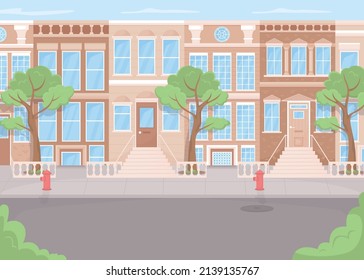 Apartment building exterior flat color vector illustration. Modern urban lifestyle. Residential real estate. Public area. Apartment block 2D simple cartoon cityscape with houses on background