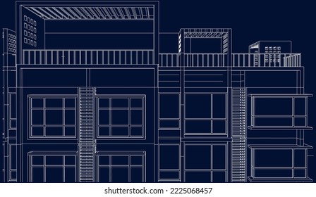 Apartment building exterior façade perspective 3D Line sketch illustration vector eps10 blueprint