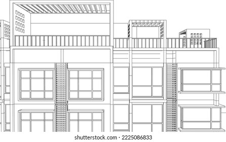 Apartment building exterior façade perspective 3D Line sketch illustration vector eps10