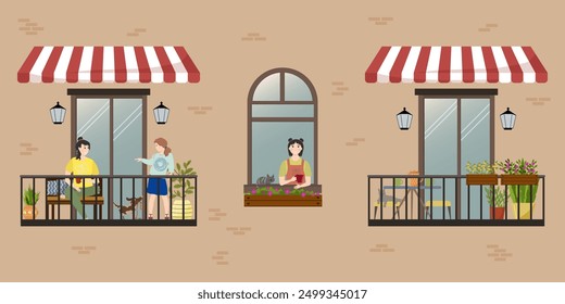 Apartment building facade with balconies and windows. Mother and daughter on the balcony. Teenager playing with a puppy. Girl with a cup by the window. Balcony with a coffee table and stools. Plants