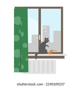 Apartment building facade with cat in window. Vector illustration for staying at home