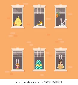 Apartment building facade with neighbor easter character in open windows. vector illustration.