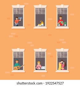 Apartment building facade with neighbor people in open windows. vector illustration.