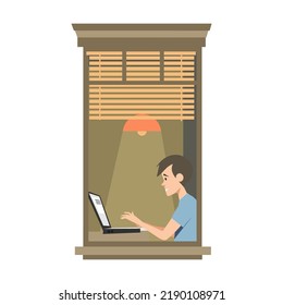 Apartment building facade with neighbor people in open windows. Men reading, talking. Vector illustration for staying at home