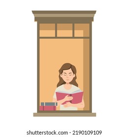 Apartment building facade with neighbor people in open windows. Men and women drinking coffee, reading, talking. Vector illustration for staying at home