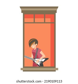 Apartment building facade with neighbor people and cats in open windows. Teenager playing rock guitar. Vector illustration for staying at home