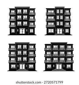 Fachadas de edificios de departamentos mostradas en múltiples variaciones de vista frontal con ventanas y entradas para bienes raíces y conceptos de vivienda urbana Vector de silueta
