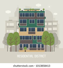 Apartment building front view on urban background. Modern living house on town landscape vector illustration. Urban home in residential district. Modern city concept for real estate agency.