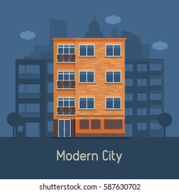 Apartment building front view on urban background. Multistory house on town landscape vector illustration. Bauhaus architecture urban home in flat design. Real estate agency in modern city concept.