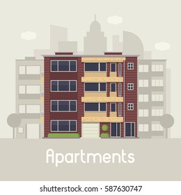 Apartment building front view on urban background. Multistory house on town landscape vector illustration. Bauhaus architecture urban home in flat design. Real estate agency in modern city concept.