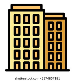 Vector de contorno del icono de construcción de apartamentos. Centro de la ciudad. Color plano de la tienda de centros comerciales