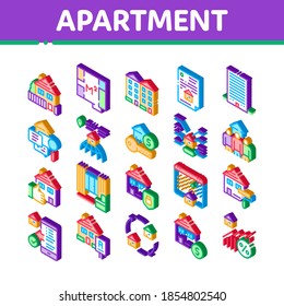 Apartment Building Icons Set Vector. Isometric Apartment Floor Plan Architectural Project And House, Real Estate Agreement And Key Illustrations