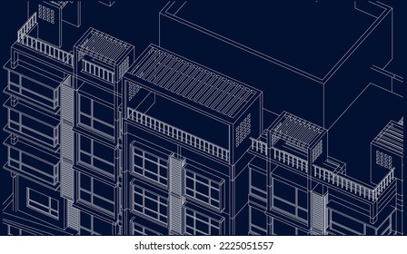 Apartment building façade isometric 3D Line sketch illustration eps10 blueprint