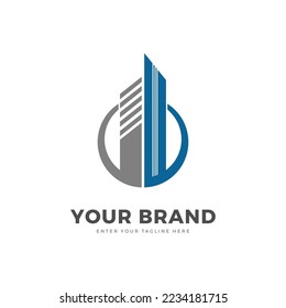 Apartment building logo design template. Property business agent logo, real estate. Blue and gray colors