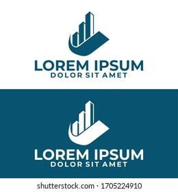 Apartment building logo template with growth chart bar illustration in flat design monogram symbol