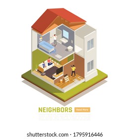 Apartment building neighbors problems isometric compositions with top floor bathtub leak drilling common wall noise vector illustration 