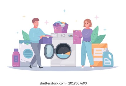 Apartment building on site laundry room cartoon composition with tenants using washing machine detergent bottles vector illustration