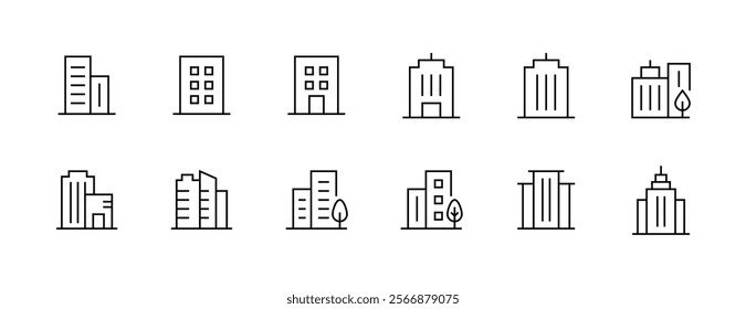 Apartment building outline icon collection. Modern building, skyscrapers, city building, residence, cityscape, skyline and more. Editable stroke. Pixel Perfect. Grid base 32px.