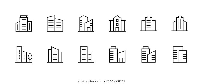 Apartment building outline icon collection. Modern building, skyscrapers, city building, residence, cityscape, skyline and more. Editable stroke. Pixel Perfect. Grid base 32px.