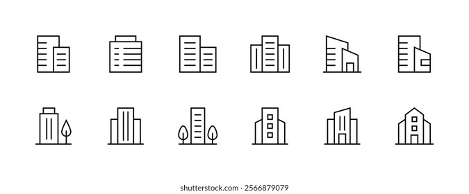 Apartment building outline icon collection. Modern building, skyscrapers, city building, residence, cityscape, skyline and more. Editable stroke. Pixel Perfect. Grid base 32px.