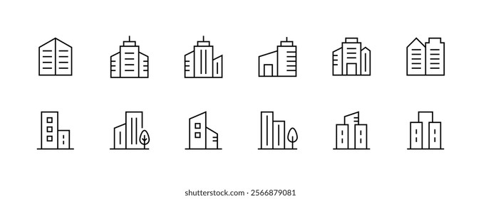 Apartment building outline icon collection. Modern building, skyscrapers, city building, residence, cityscape, skyline and more. Editable stroke. Pixel Perfect. Grid base 32px.