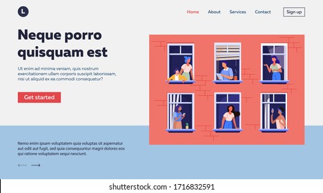 Apartment building with people in open window spaces. Neighbors drinking coffee, talking, using cell. Vector illustration for block of flat, condo, neighborhood, community, house friendship concept
