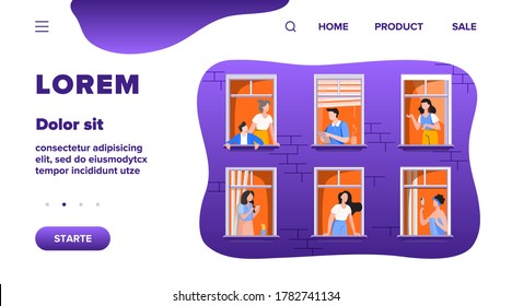 Apartment building with people in open window spaces. Neighbors drinking coffee, talking, using cell. Vector illustration for block of flat, condo, neighborhood, community, house friendship concept