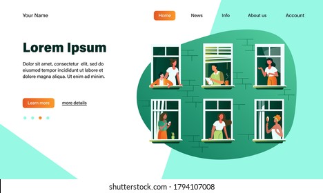 Apartment building with people in open window spaces. Neighbors drinking coffee, talking, using cell. Vector illustration for block of flat, condo, neighborhood, community, house friendship concept