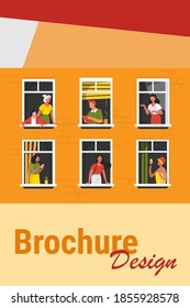 Apartment building with people in open window spaces. Neighbors drinking coffee, talking, using cell. Vector illustration for block of flat, condo, neighborhood, community, house friendship concept