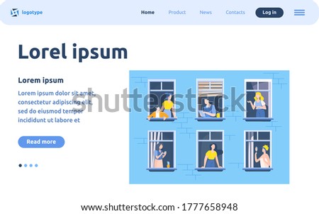 Apartment building with people in open window spaces. Neighbors drinking coffee, talking, using cell. Vector illustration for block of flat, condo, neighborhood, community, house friendship concept