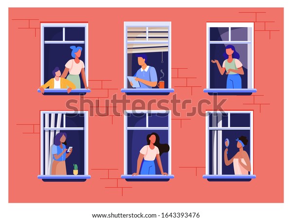 Apartment building with people in open window\
spaces. Neighbors drinking coffee, talking, using cell. Vector\
illustration for block of flat, condo, neighborhood, community,\
house friendship\
concept