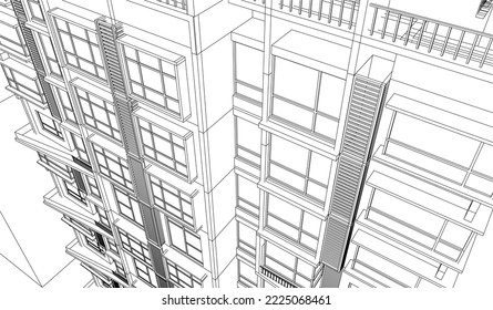 Apartment building façade perspective 3D Architectural Line drawing illustration vector eps10