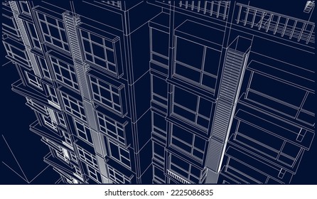 Apartment building façade perspective 3D Architectural Line drawing illustration vector eps10 blueprint