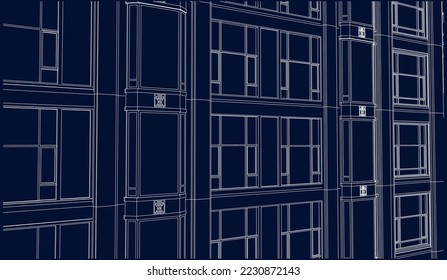 Apartment building perspective façade 3D drawing illustration vector blueprint