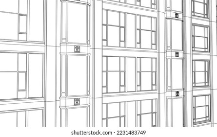 Apartment building perspective façade 3D drawing illustration vector